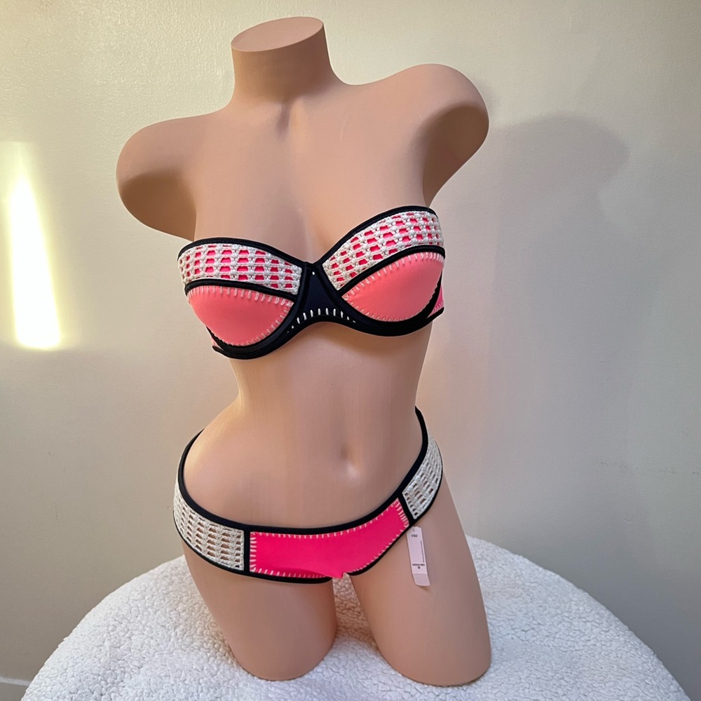 Victoria's Secret Hot Pink Crochet Swim Bandeau Top and Bikini Set Suit 34C M